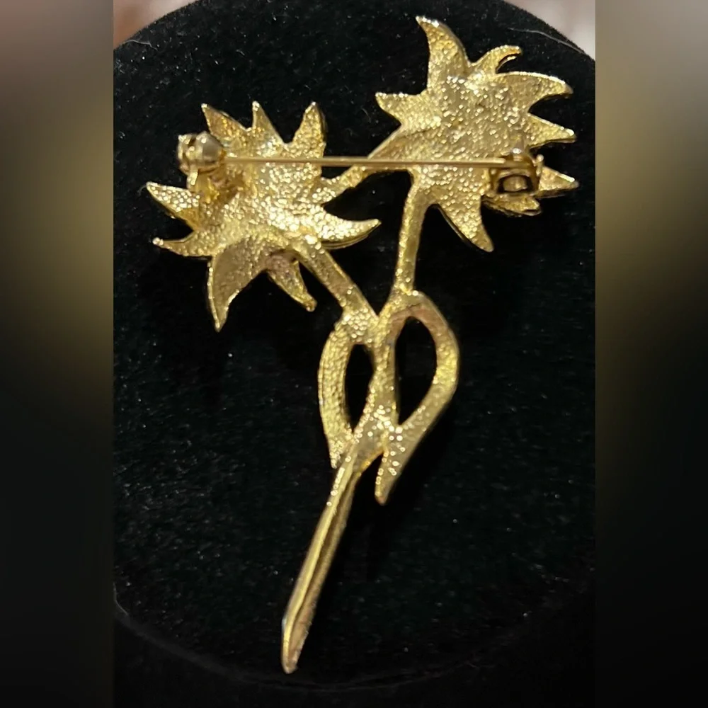 VTG Double Sunflower Gold Tone Brooch Floral Pin Garden Summer Spring 1990s
